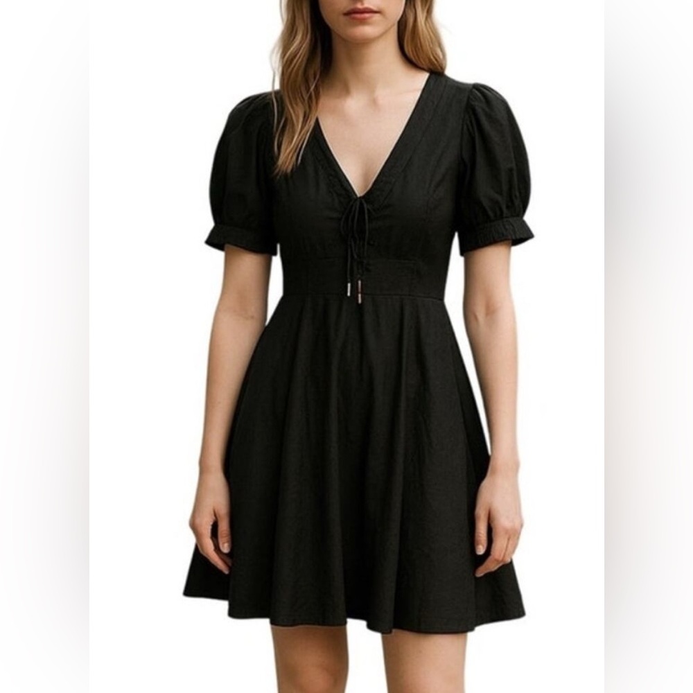 House of Harlow 1960 Linen Blend Black Puff Sleeve Mini Dress sz 10